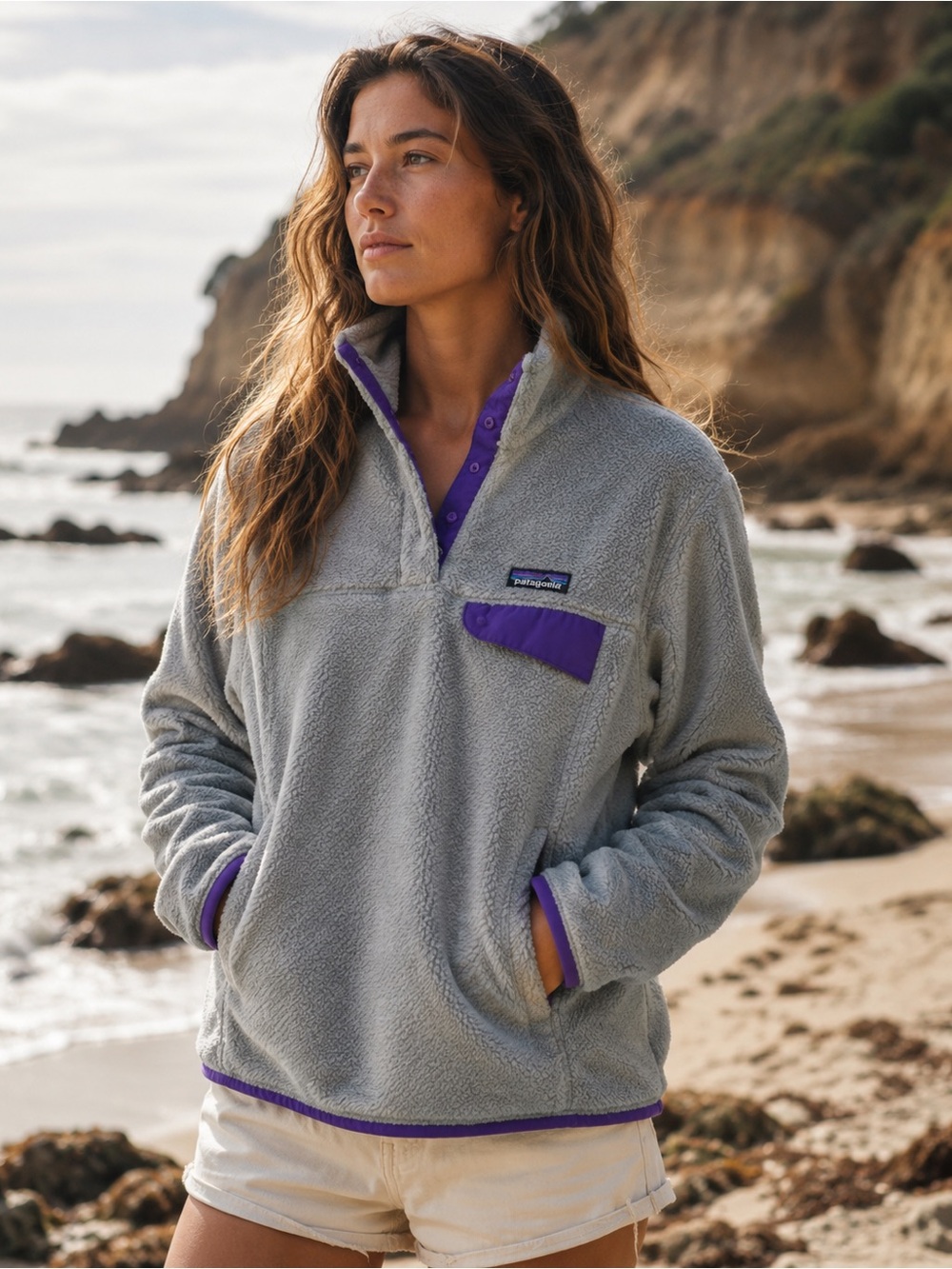 Patagonia Women's Fleece Pullover purple hiking sweater outdoor Snap T Style